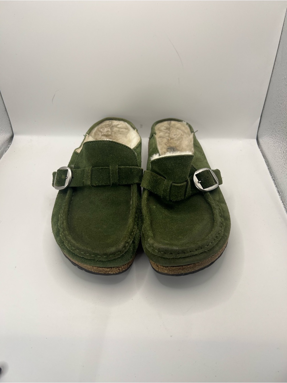 Birkenstock Olive Green Suede Shearling Clogs with Buckle - Picture 4 of 13